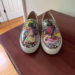 Christian Louboutin SUPER PIK BOAT Patent Spike Stud Flat Sneaker Shoes 37